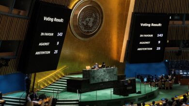 143个国家支持巴勒斯坦成为联合国正式会员，9个国家拒绝。