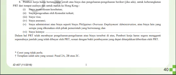 Pasal 8 kontrak kerja yang memuat biaya yang harus ditanggung majikan