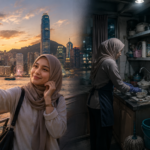 Ilustrasi kehidupan pekerja migran Indonesia (PMI) di Hong Kong yang memperlihatkan kontras antara swafoto di Victoria Harbour dan aktivitas mencuci piring di dapur rumah majikan pada malam hari.