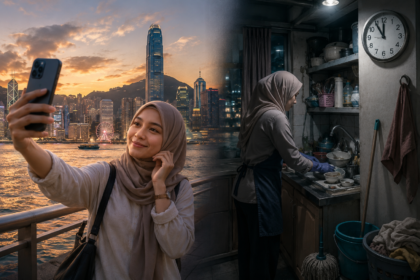 Ilustrasi kehidupan pekerja migran Indonesia (PMI) di Hong Kong yang memperlihatkan kontras antara swafoto di Victoria Harbour dan aktivitas mencuci piring di dapur rumah majikan pada malam hari.
